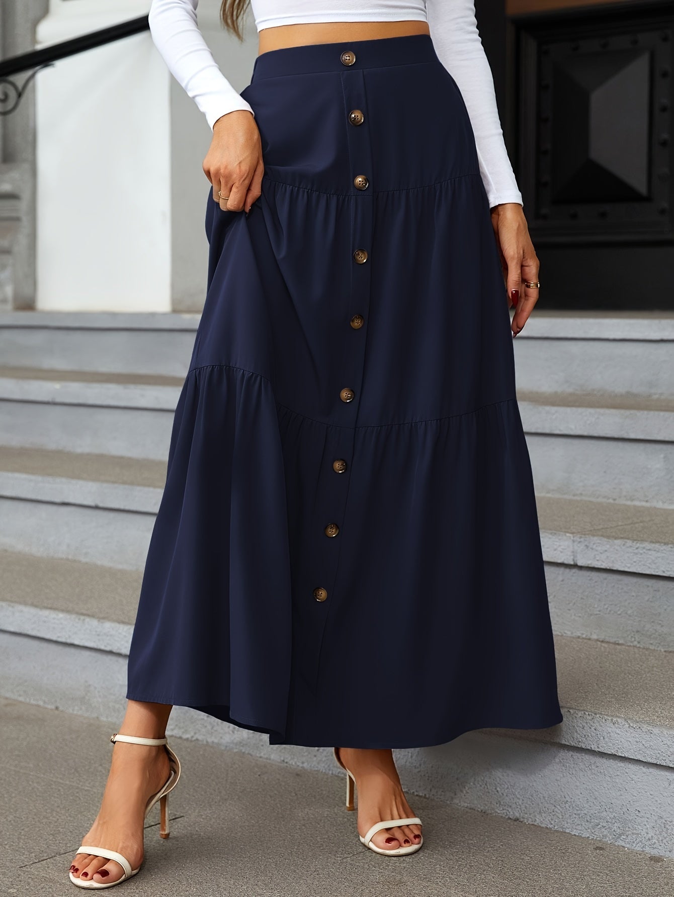 Tiered Maxi Skirt - High Waist Button Front