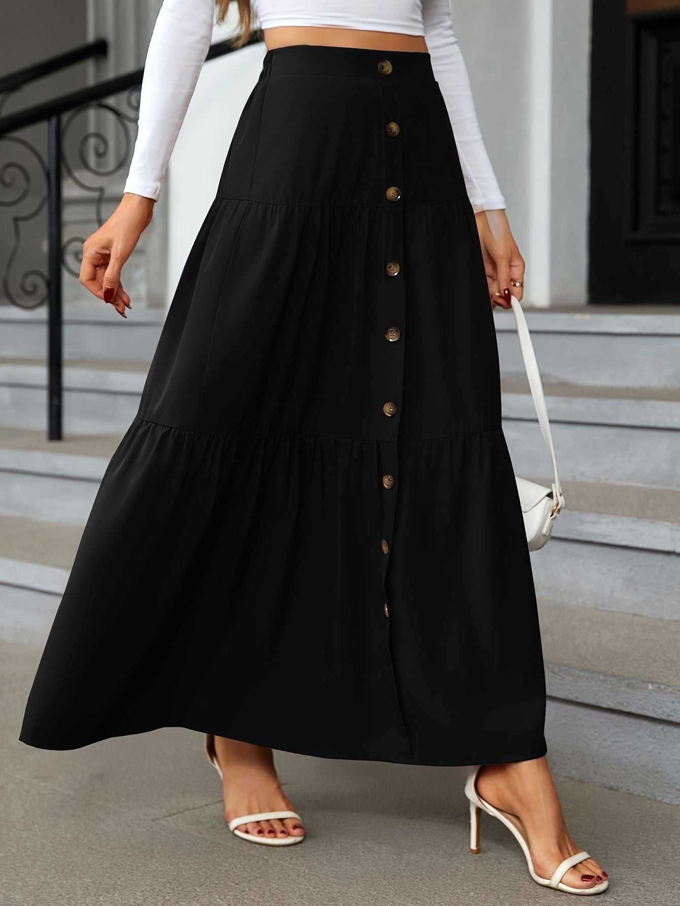 Tiered Maxi Skirt - High Waist Button Front