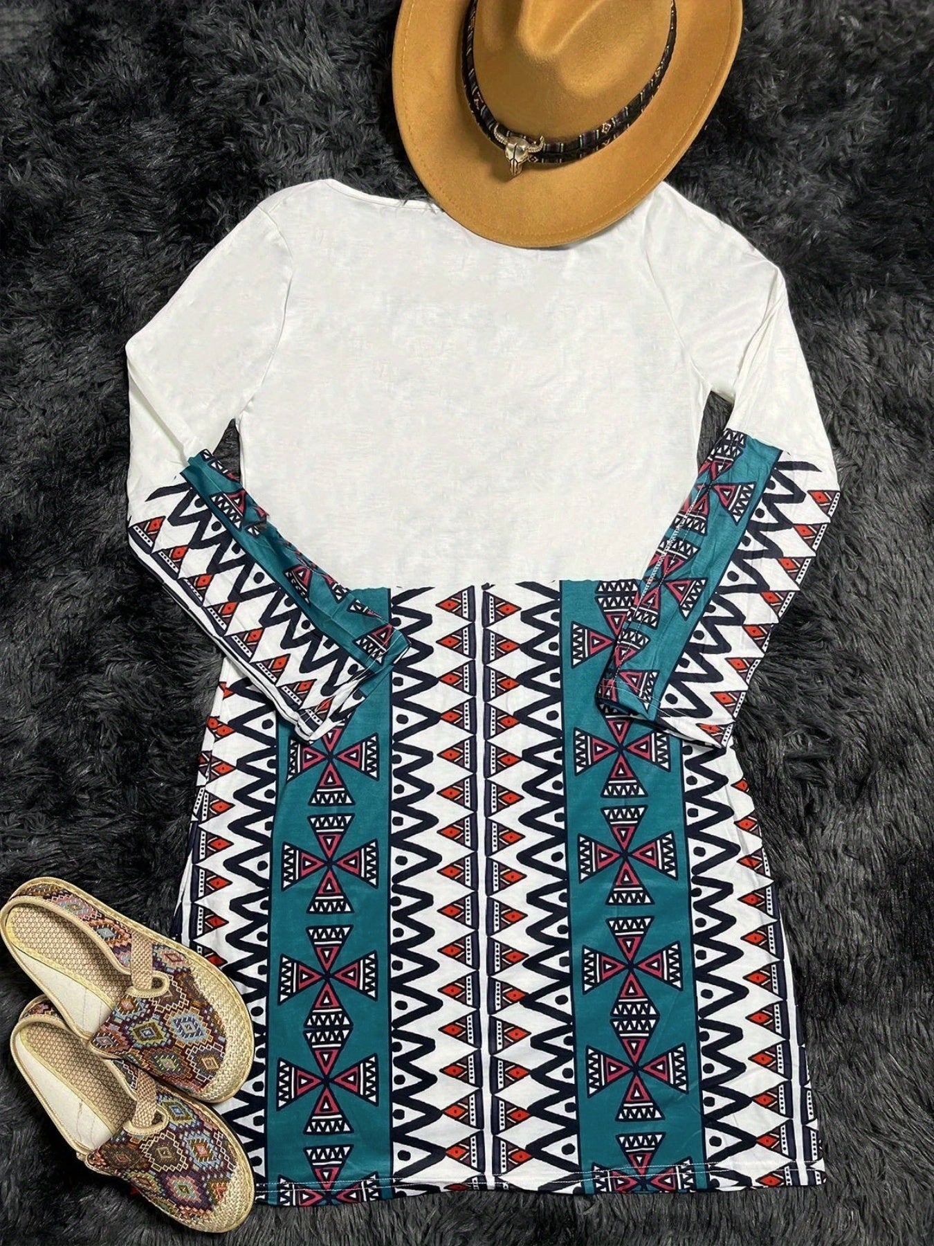 Vestido Midi Estampado Azteca - Manga Larga Abertura Suelto