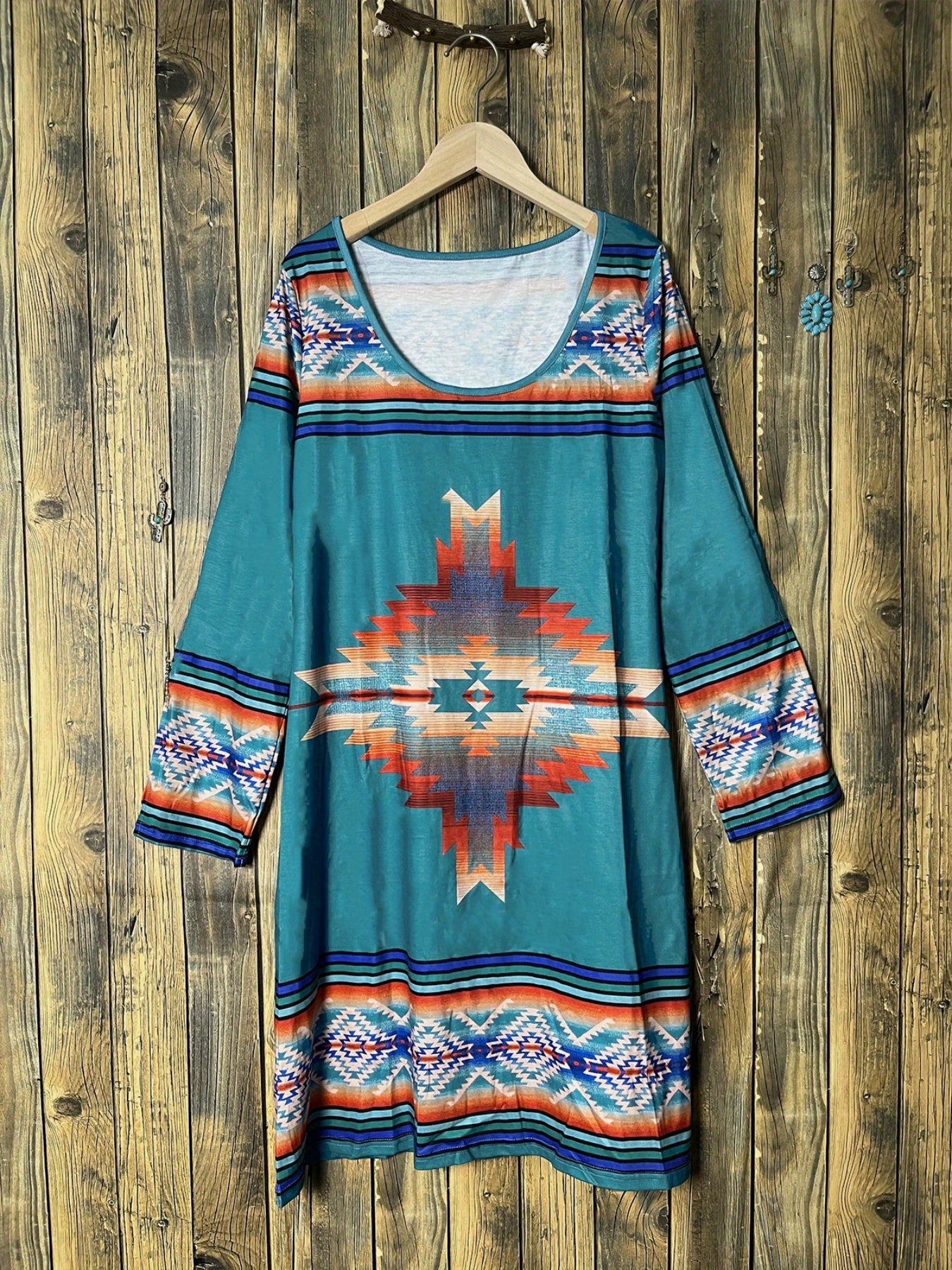 Vestido Midi Estampado Azteca - Manga Larga Abertura Suelto