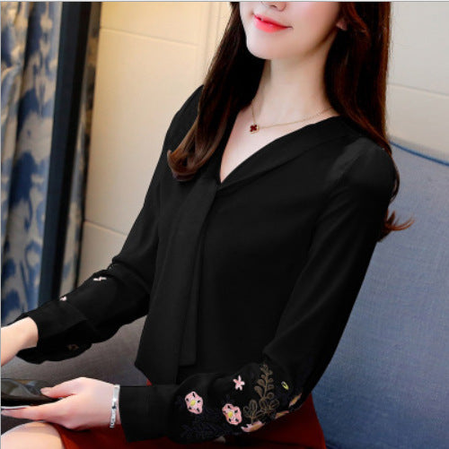 Blusa Chiffon Coreana - Manga Larga Amplia Holgada