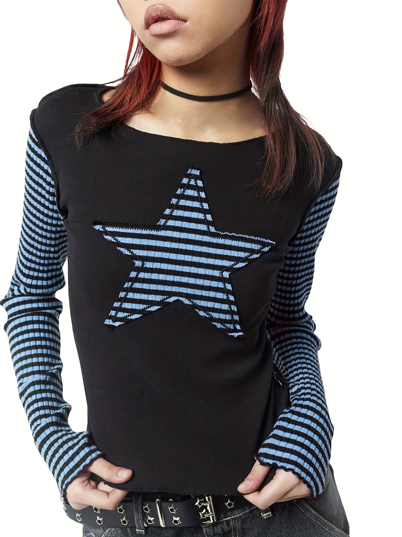 Star Stripes T-Shirt - Long Sleeve Round Neck