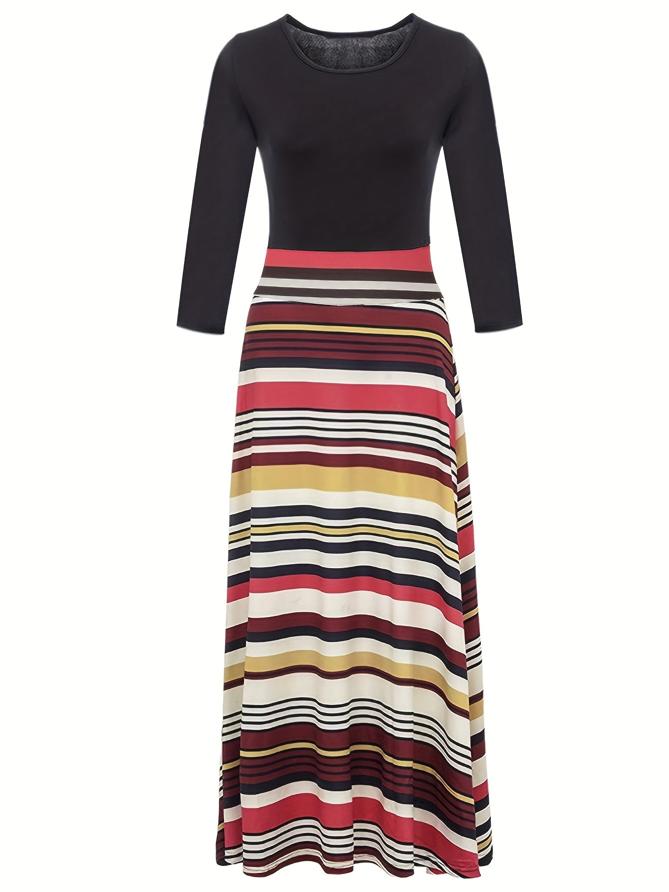 Vestido Maxi Estampado Floral y Rayas - Cintura Alta Manga Larga