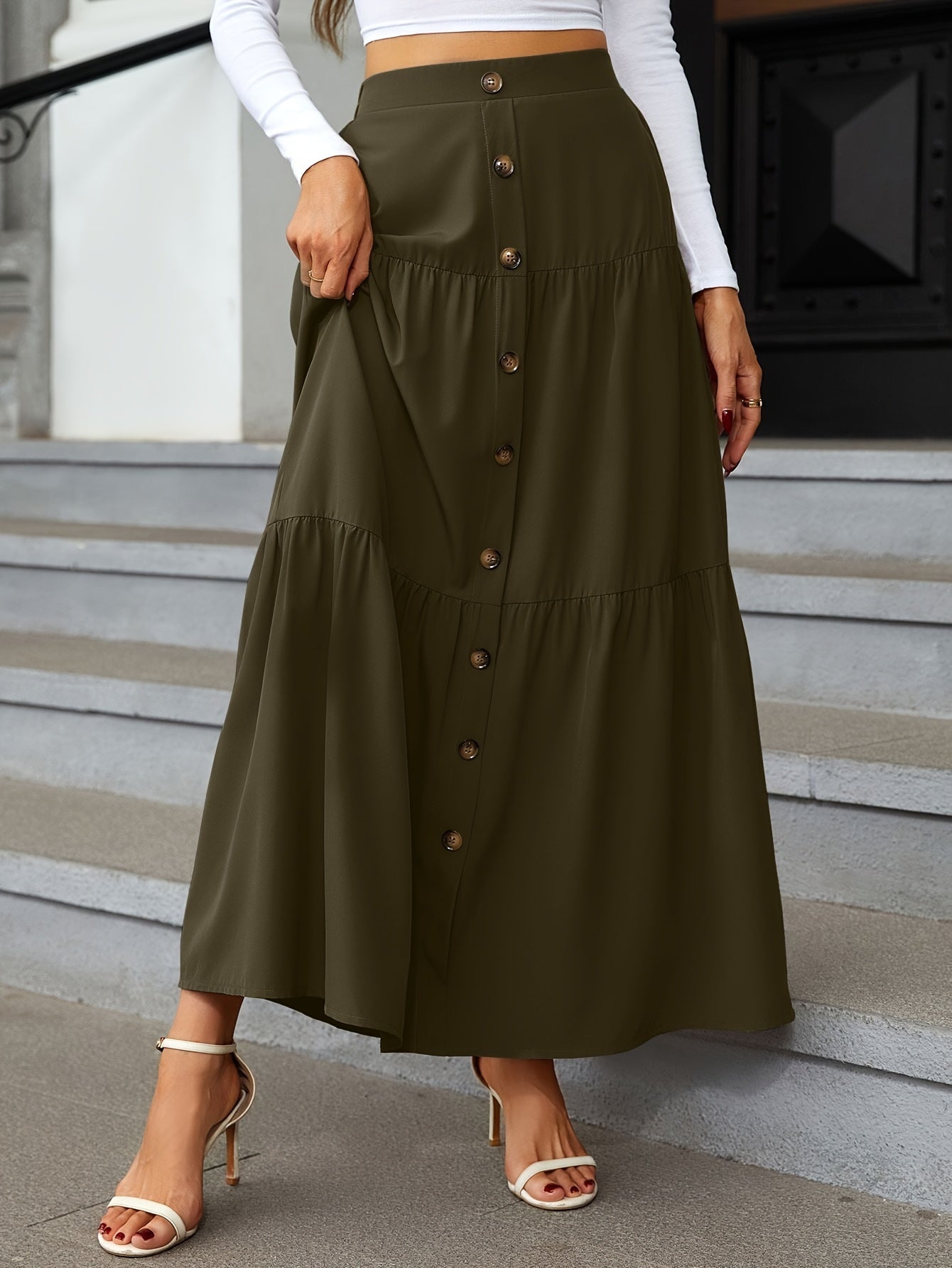 Tiered Maxi Skirt - High Waist Button Front