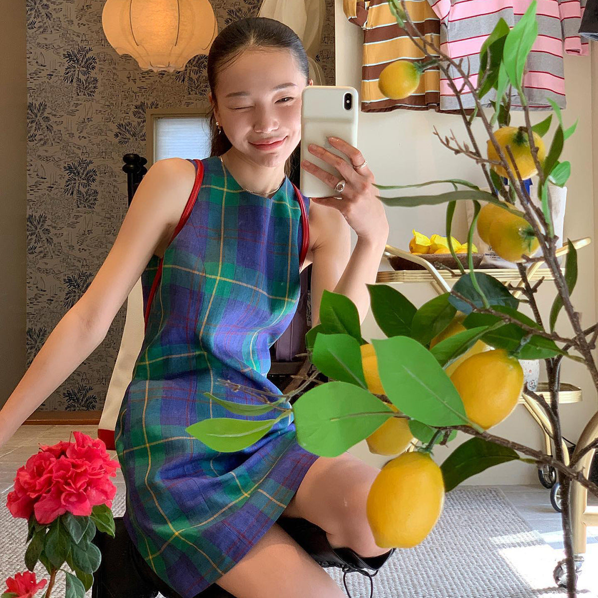 Vestido Sin Mangas Cuadros Verde - Retro Coreano Casual