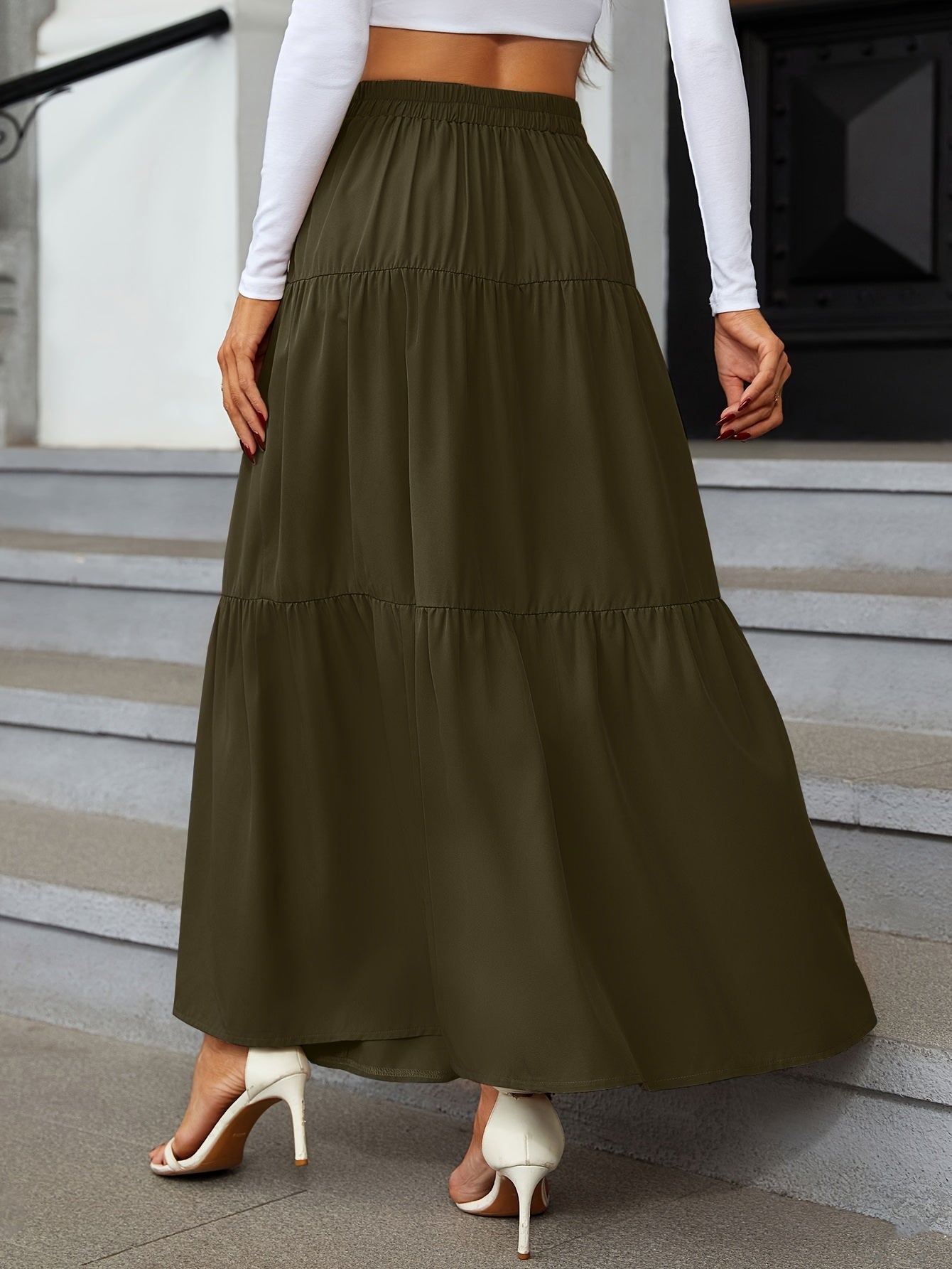 Tiered Maxi Skirt - High Waist Button Front