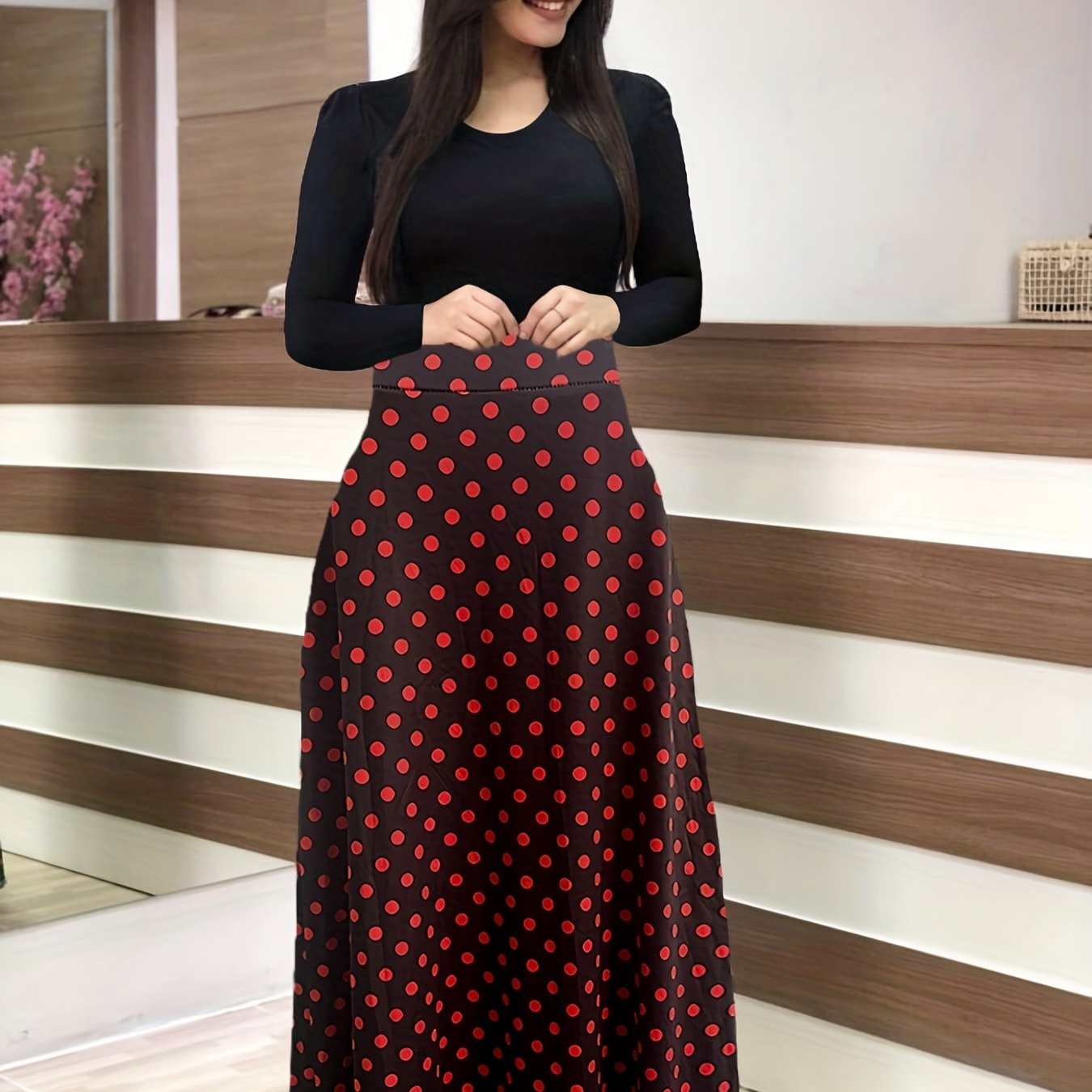 Vestido Maxi Diseño Variado Cintura Alta - Manga Larga Elegante