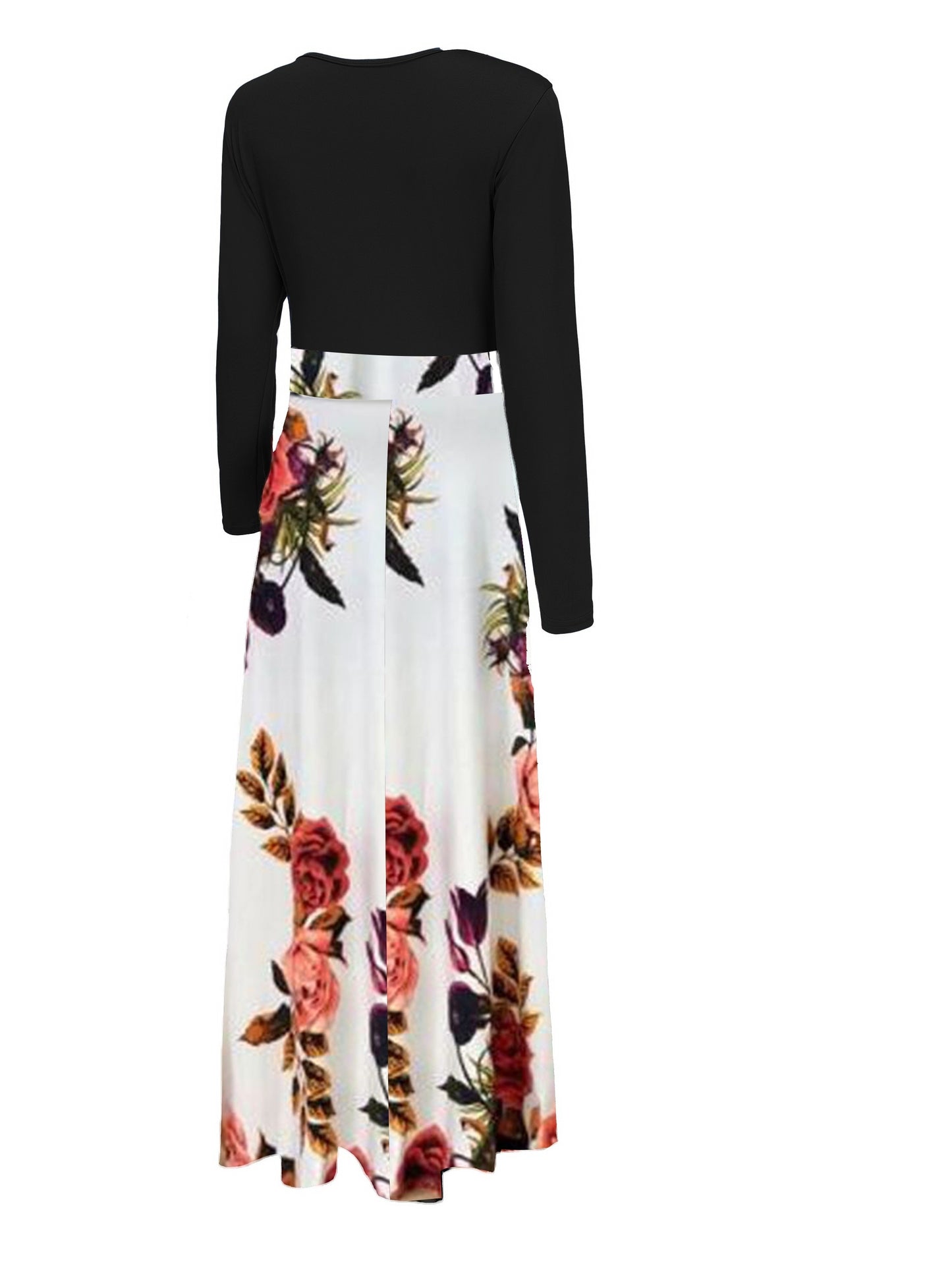 Vestido Maxi Estampado Floral y Rayas - Cintura Alta Manga Larga