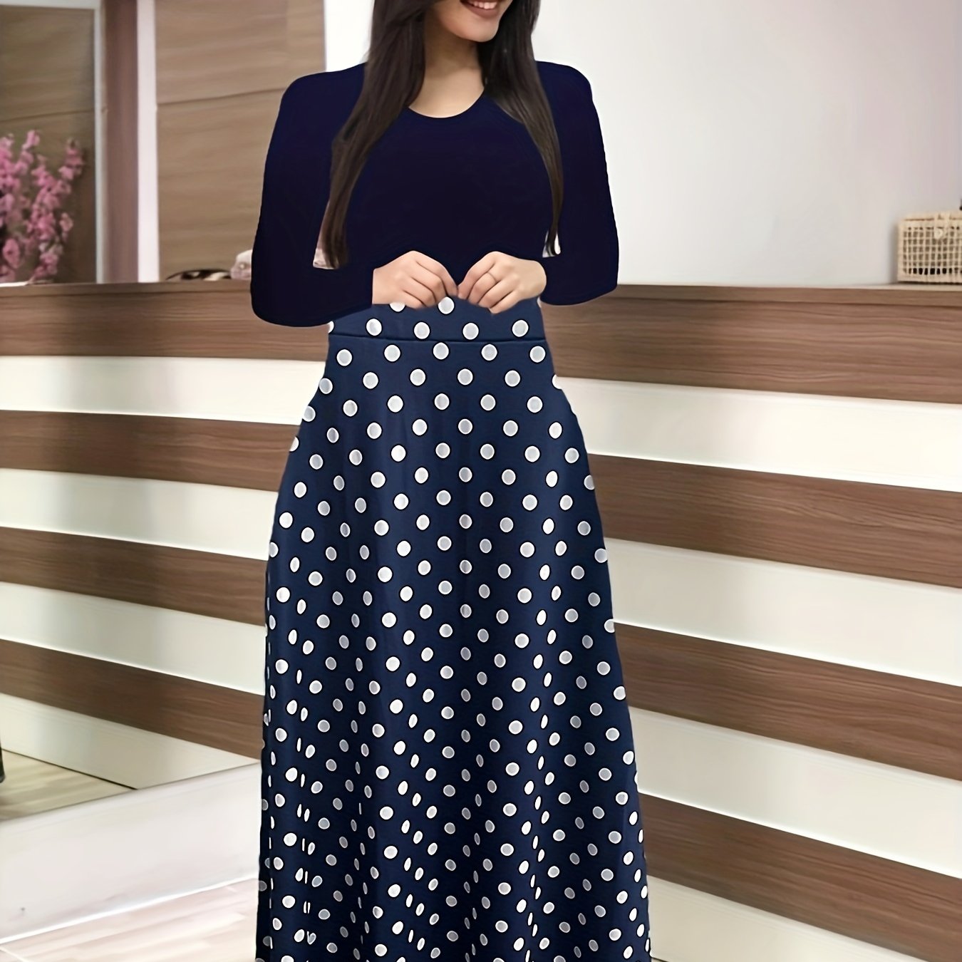 Vestido Maxi Diseño Variado Cintura Alta - Manga Larga Elegante