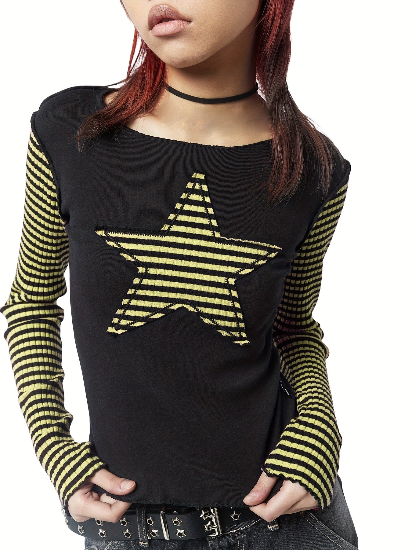 Star Stripes T-Shirt - Long Sleeve Round Neck