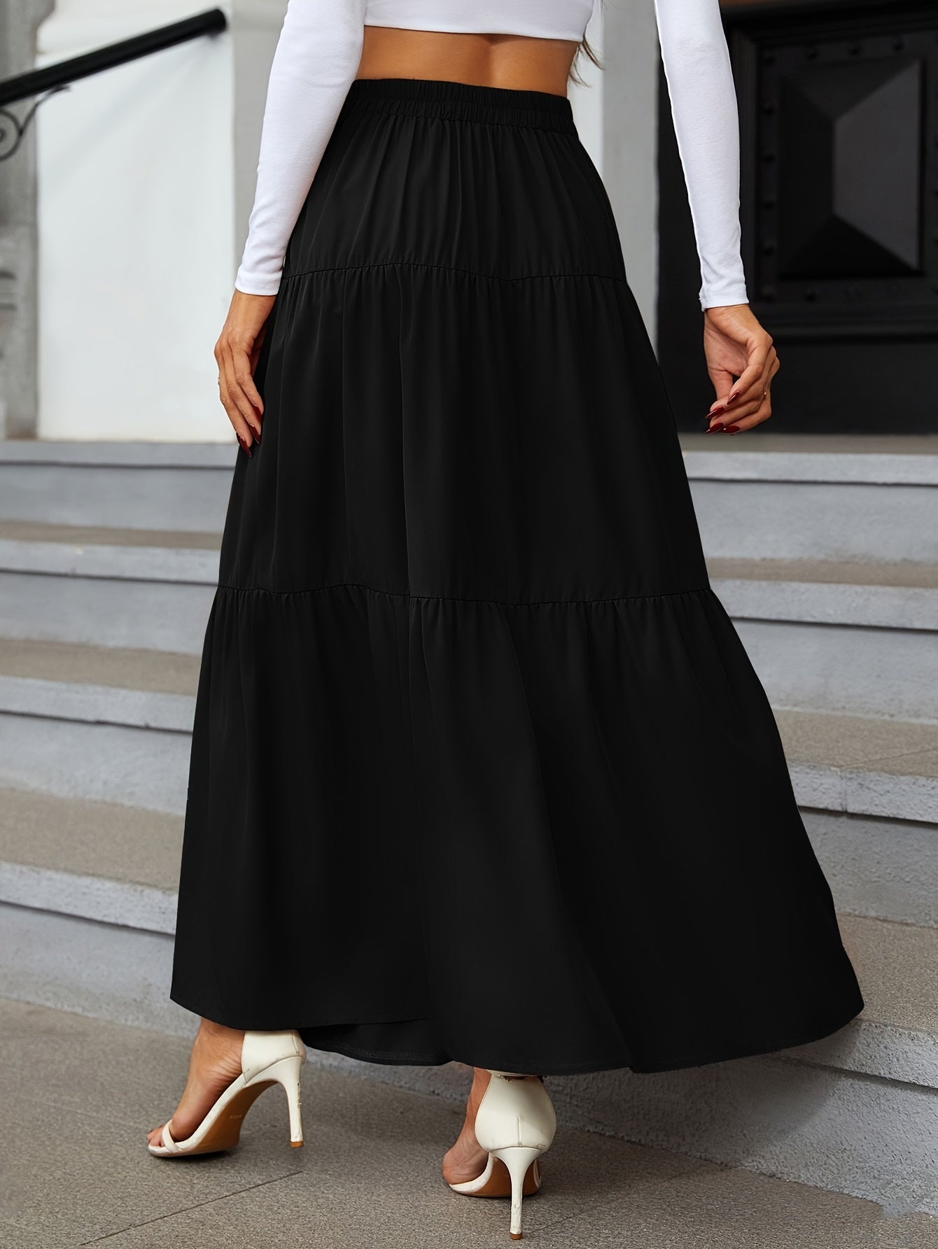 Tiered Maxi Skirt - High Waist Button Front