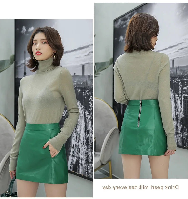 Sheepskin Leather Mini Skirt - High Waist Y2k