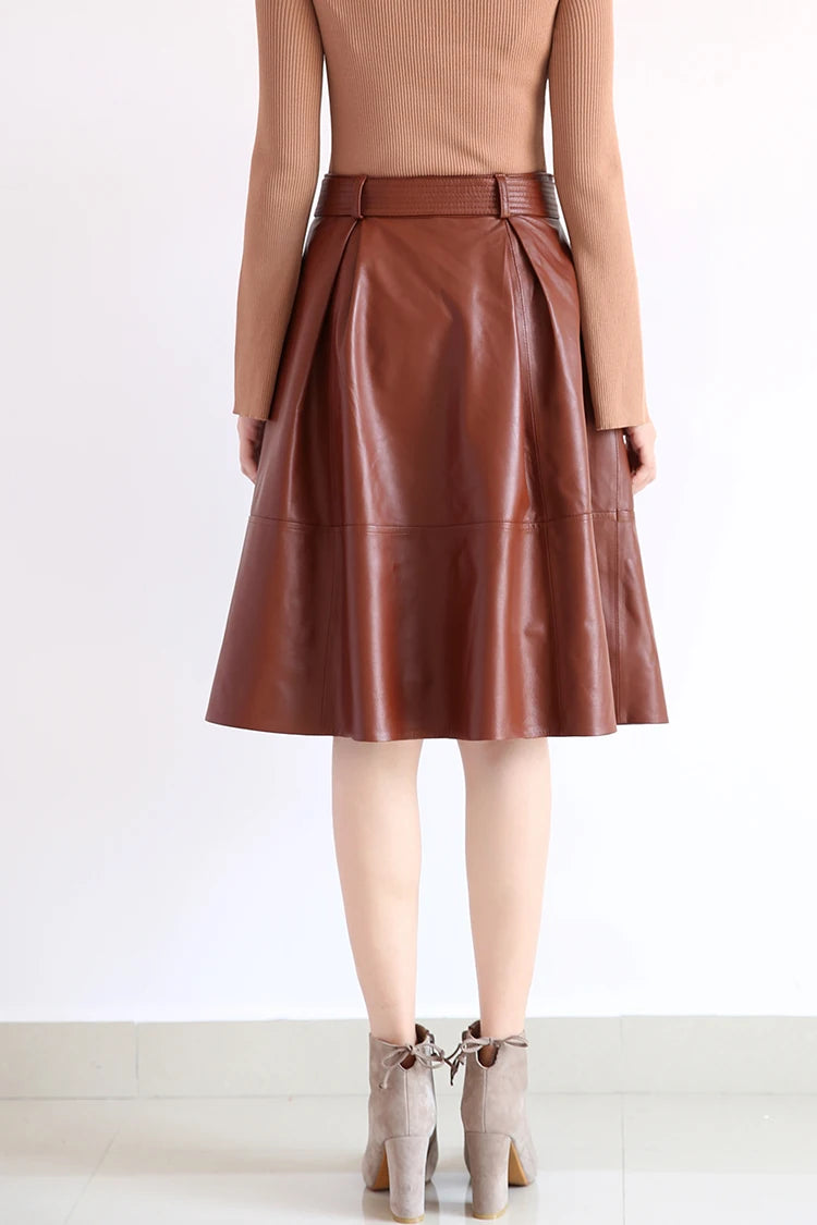 2025 Winter Female Genuie Leather Midi Skirt Lady Street Saia Bow Belt Retro Vase Big Red/Blue Faldas Girls Pleated Jupe Faldas