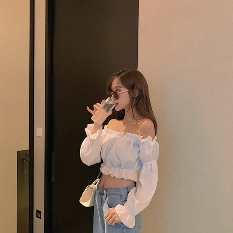 Blusa Crop Top Hombro Descubierto Manga Puff Volantes
