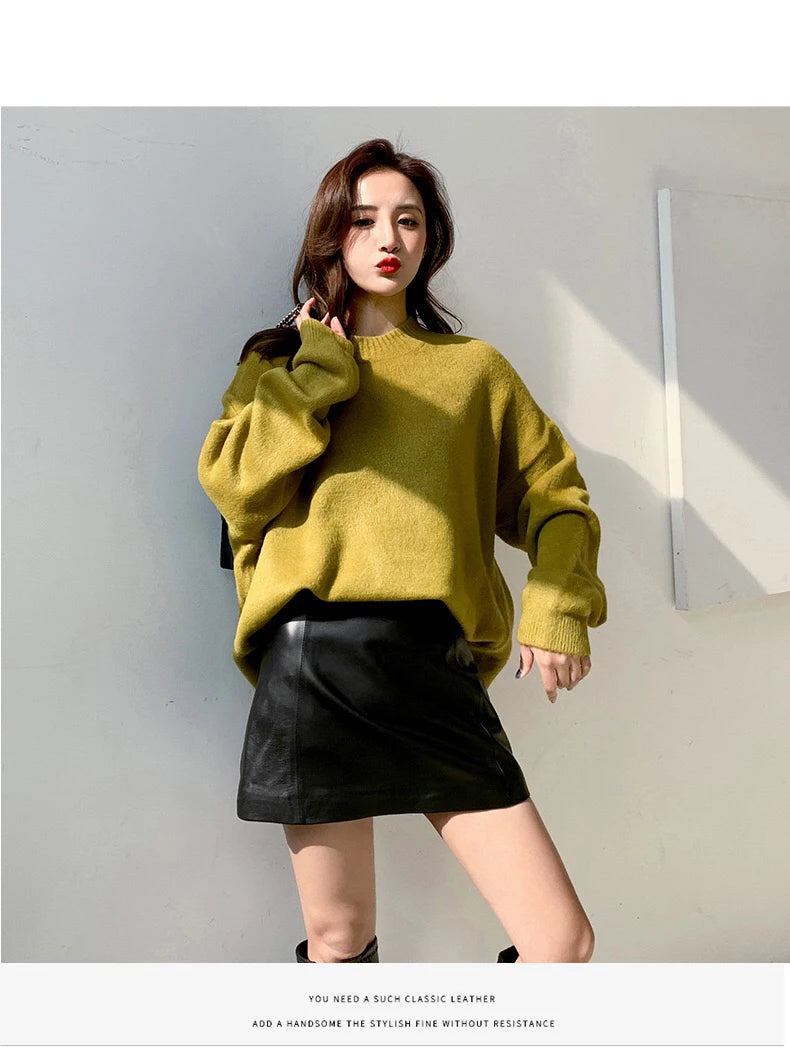 Sheepskin Leather Mini Skirt - High Waist Y2k