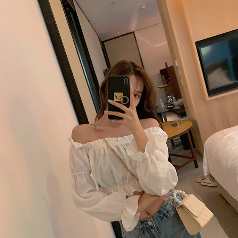 Blusa Crop Top Hombro Descubierto Manga Puff Volantes