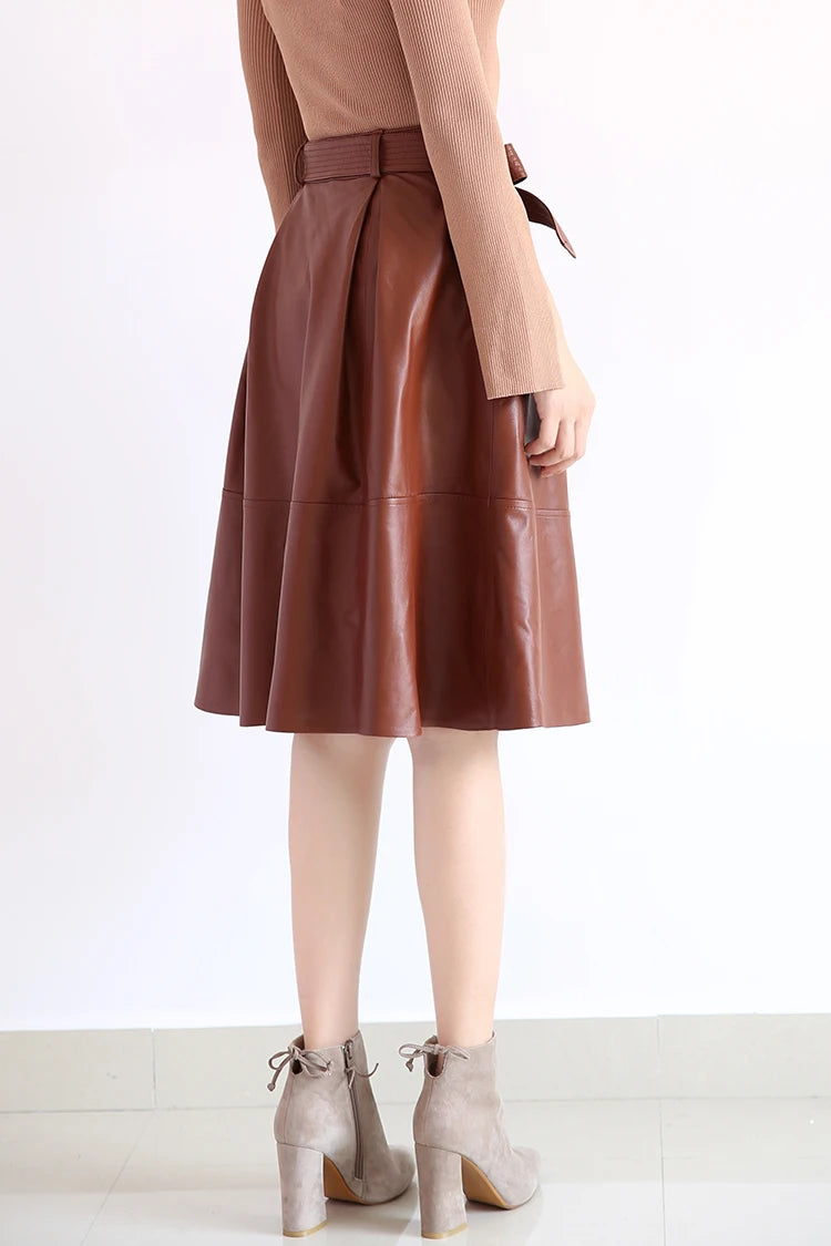 2025 Winter Female Genuie Leather Midi Skirt Lady Street Saia Bow Belt Retro Vase Big Red/Blue Faldas Girls Pleated Jupe Faldas