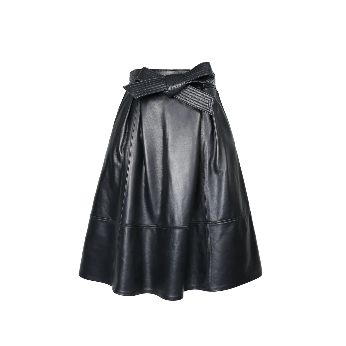 2025 Winter Female Genuie Leather Midi Skirt Lady Street Saia Bow Belt Retro Vase Big Red/Blue Faldas Girls Pleated Jupe Faldas