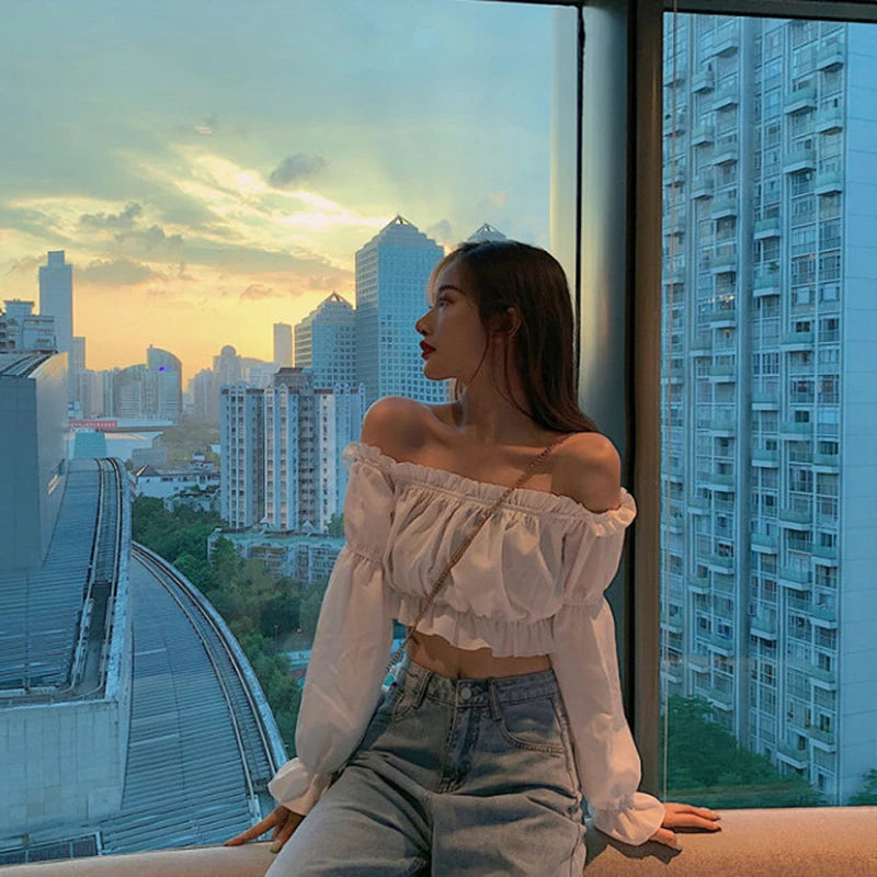Blusa Crop Top Hombro Descubierto Manga Puff Volantes