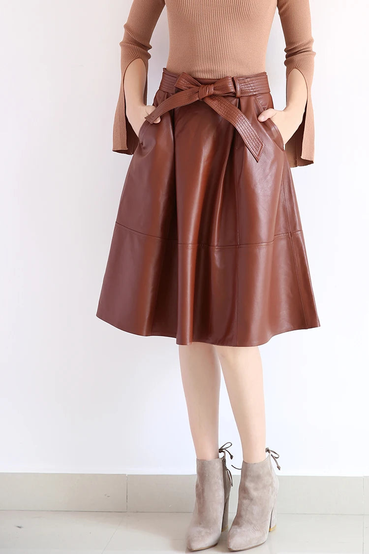 2025 Winter Female Genuie Leather Midi Skirt Lady Street Saia Bow Belt Retro Vase Big Red/Blue Faldas Girls Pleated Jupe Faldas