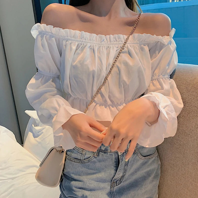 Blusa Crop Top Hombro Descubierto Manga Puff Volantes