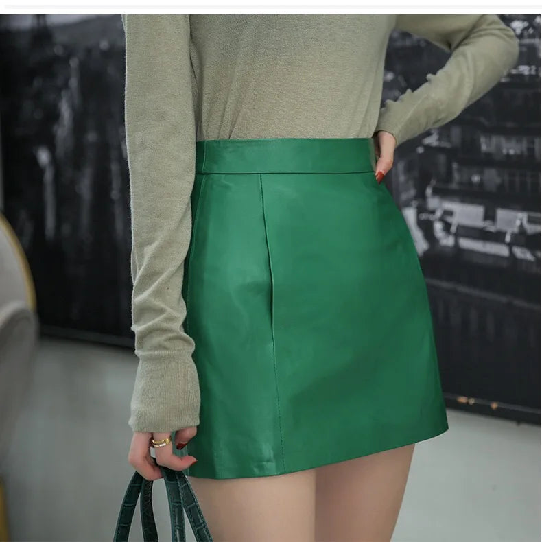 Sheepskin Leather Mini Skirt - High Waist Y2k