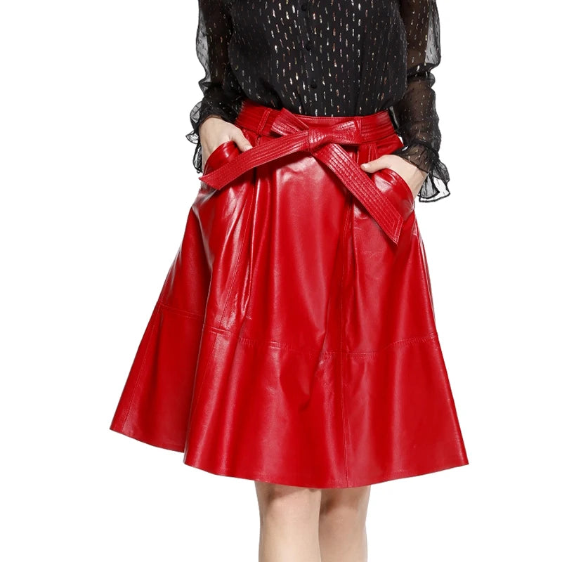 2025 Winter Female Genuie Leather Midi Skirt Lady Street Saia Bow Belt Retro Vase Big Red/Blue Faldas Girls Pleated Jupe Faldas