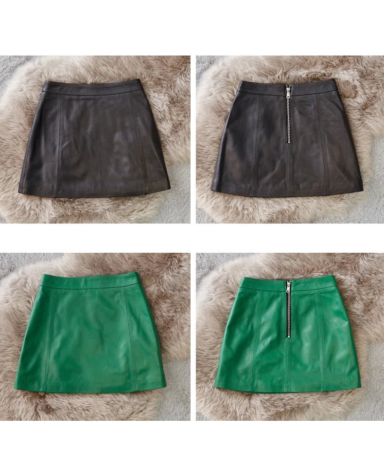 Sheepskin Leather Mini Skirt - High Waist Y2k