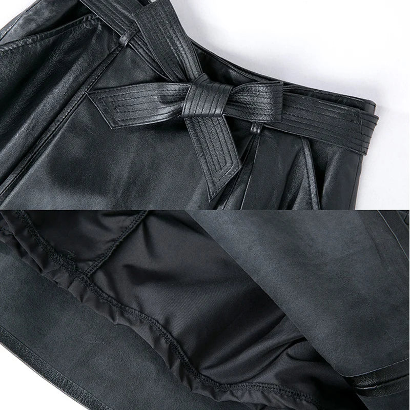 2025 Winter Female Genuie Leather Midi Skirt Lady Street Saia Bow Belt Retro Vase Big Red/Blue Faldas Girls Pleated Jupe Faldas