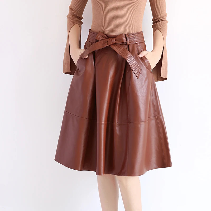 2025 Winter Female Genuie Leather Midi Skirt Lady Street Saia Bow Belt Retro Vase Big Red/Blue Faldas Girls Pleated Jupe Faldas