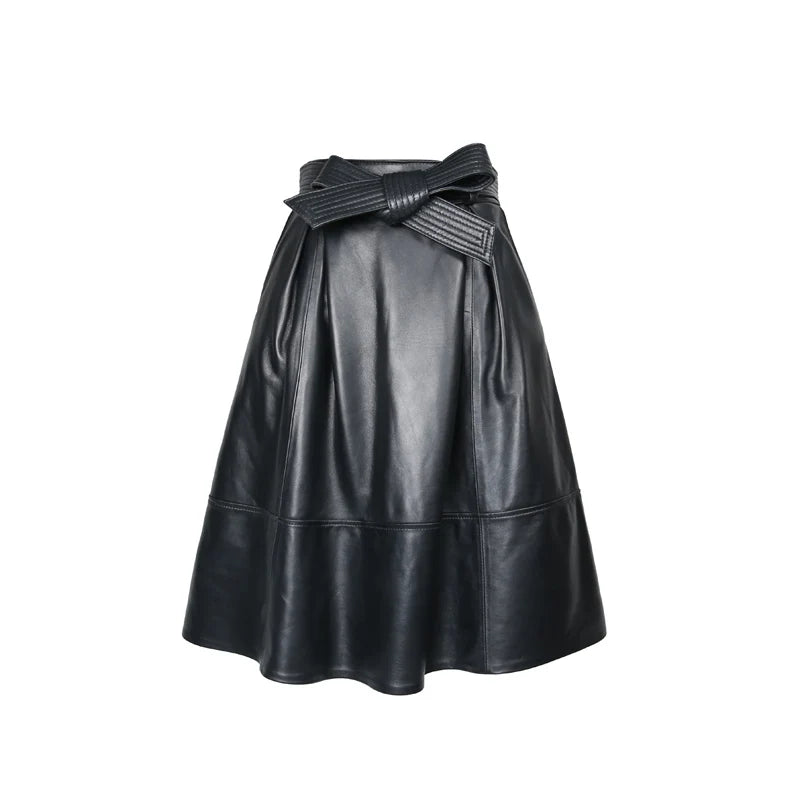 2025 Winter Female Genuie Leather Midi Skirt Lady Street Saia Bow Belt Retro Vase Big Red/Blue Faldas Girls Pleated Jupe Faldas