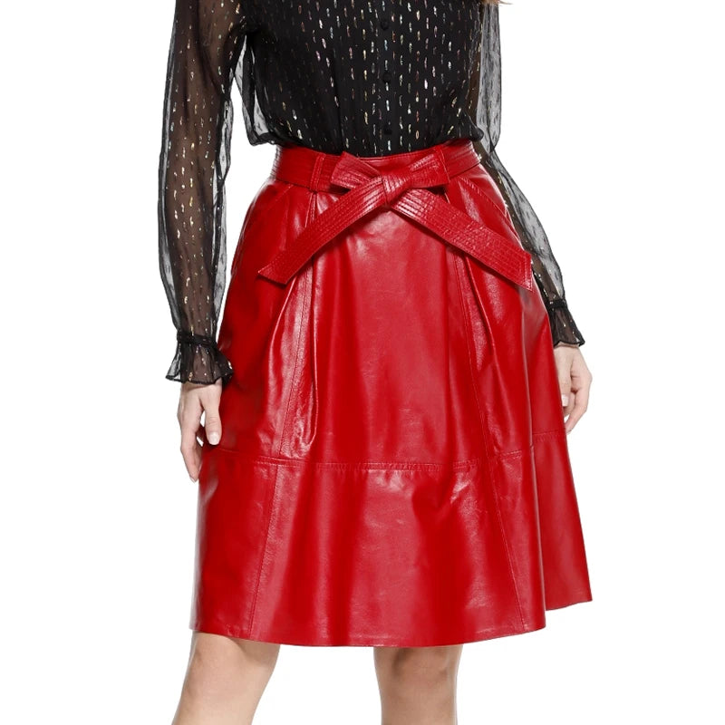 2025 Winter Female Genuie Leather Midi Skirt Lady Street Saia Bow Belt Retro Vase Big Red/Blue Faldas Girls Pleated Jupe Faldas