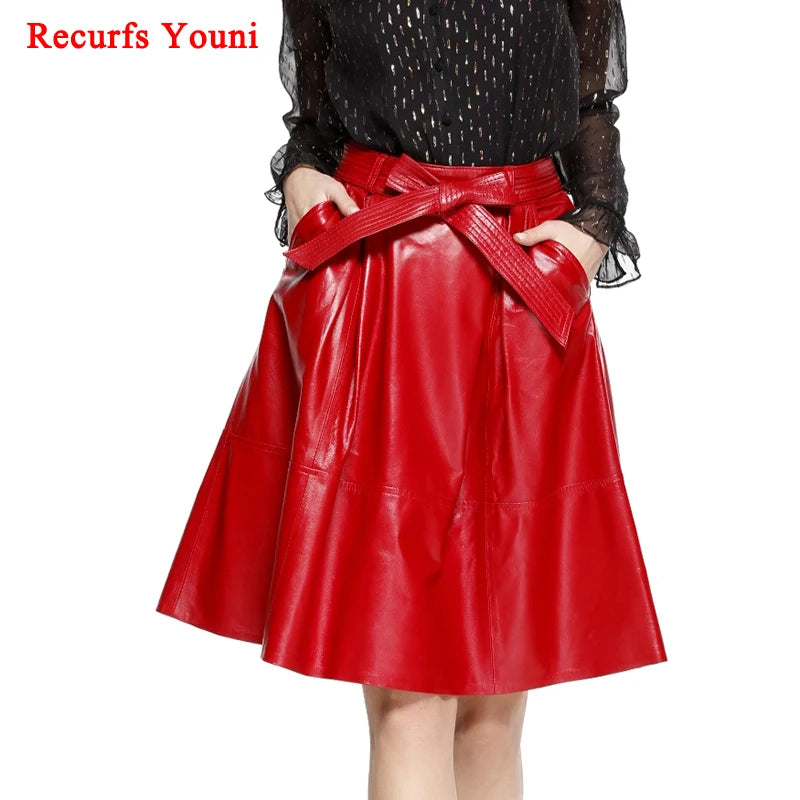 2025 Winter Female Genuie Leather Midi Skirt Lady Street Saia Bow Belt Retro Vase Big Red/Blue Faldas Girls Pleated Jupe Faldas