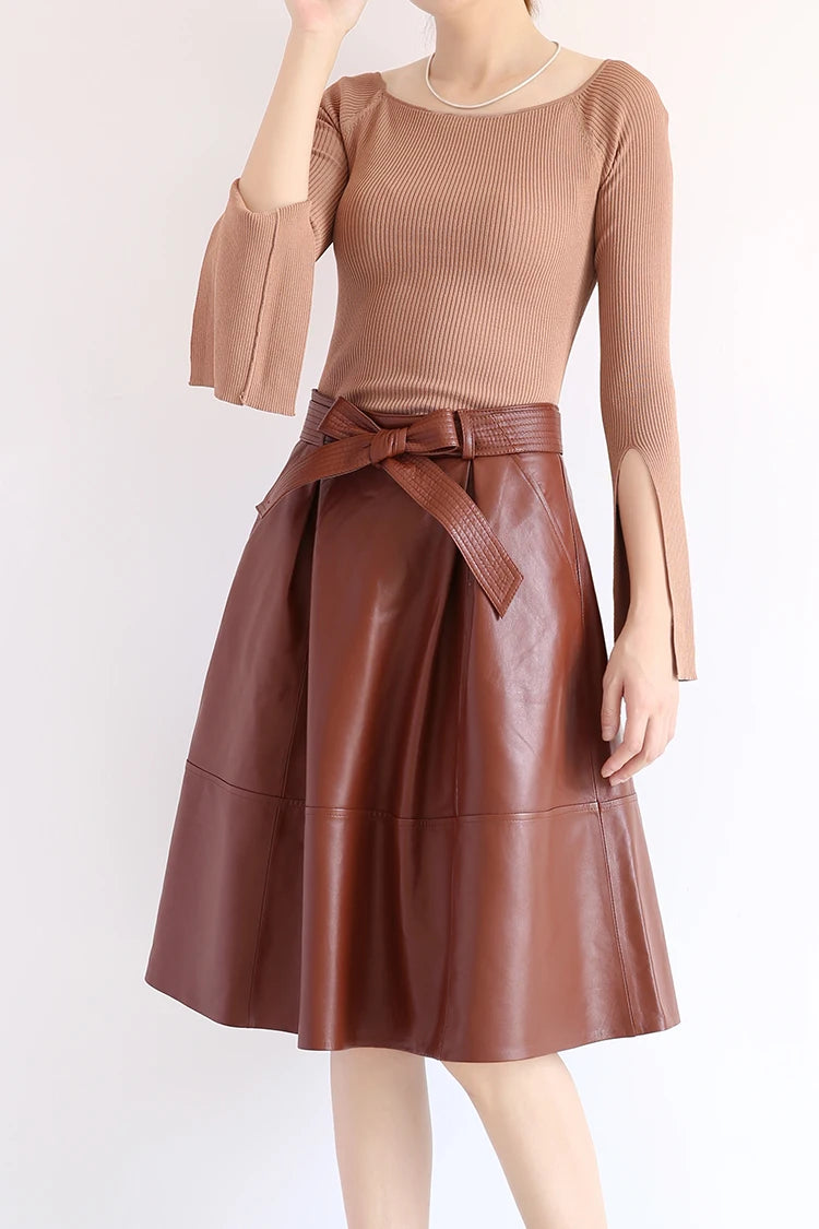2025 Winter Female Genuie Leather Midi Skirt Lady Street Saia Bow Belt Retro Vase Big Red/Blue Faldas Girls Pleated Jupe Faldas