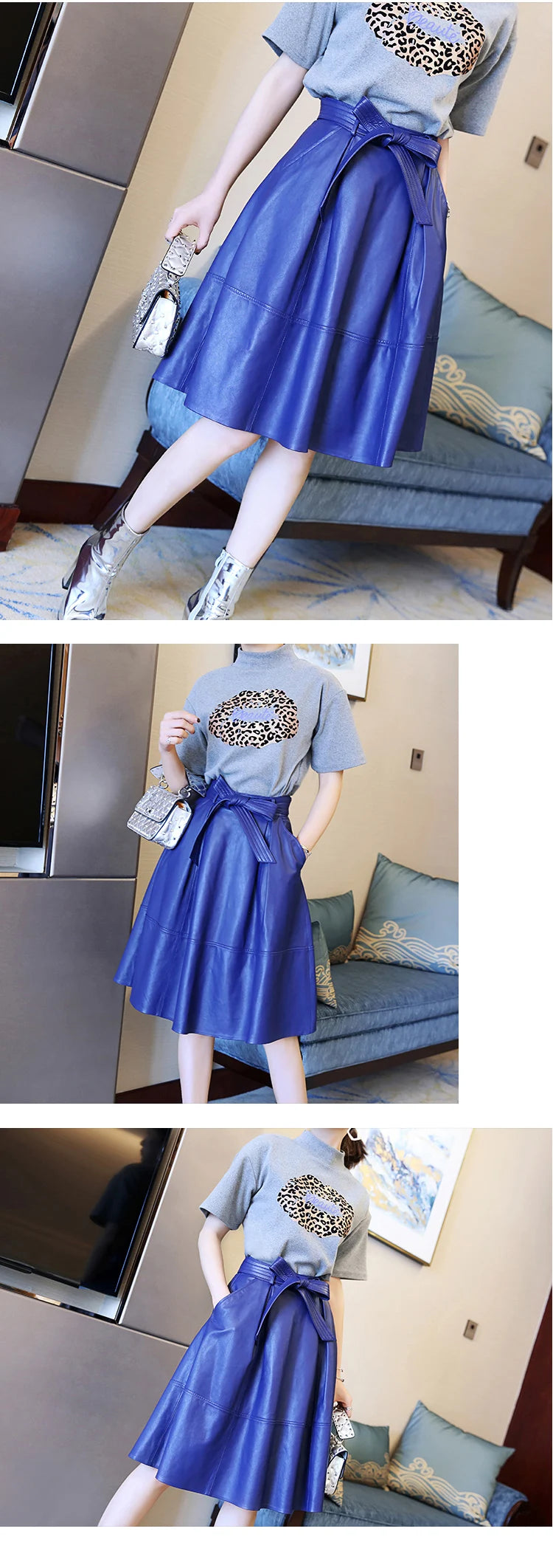 2025 Winter Female Genuie Leather Midi Skirt Lady Street Saia Bow Belt Retro Vase Big Red/Blue Faldas Girls Pleated Jupe Faldas