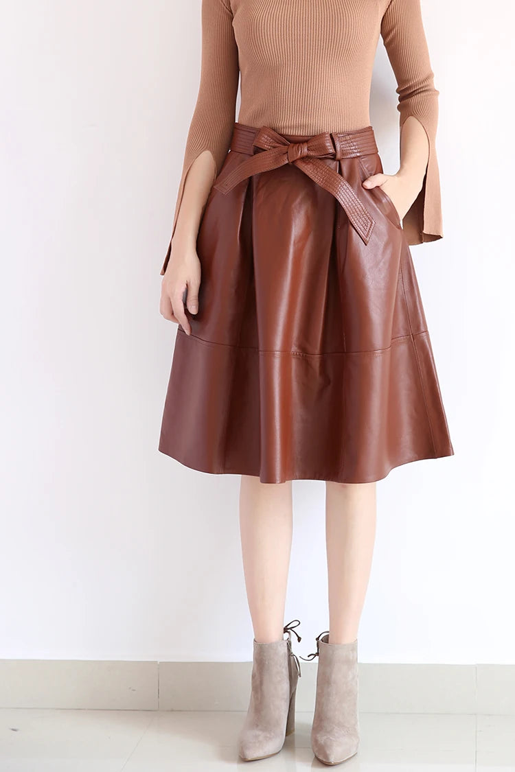 2025 Winter Female Genuie Leather Midi Skirt Lady Street Saia Bow Belt Retro Vase Big Red/Blue Faldas Girls Pleated Jupe Faldas