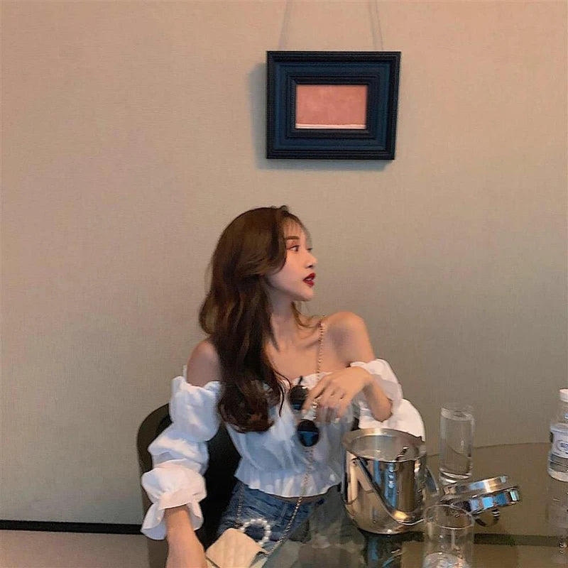 Blusa Crop Top Hombro Descubierto Manga Puff Volantes