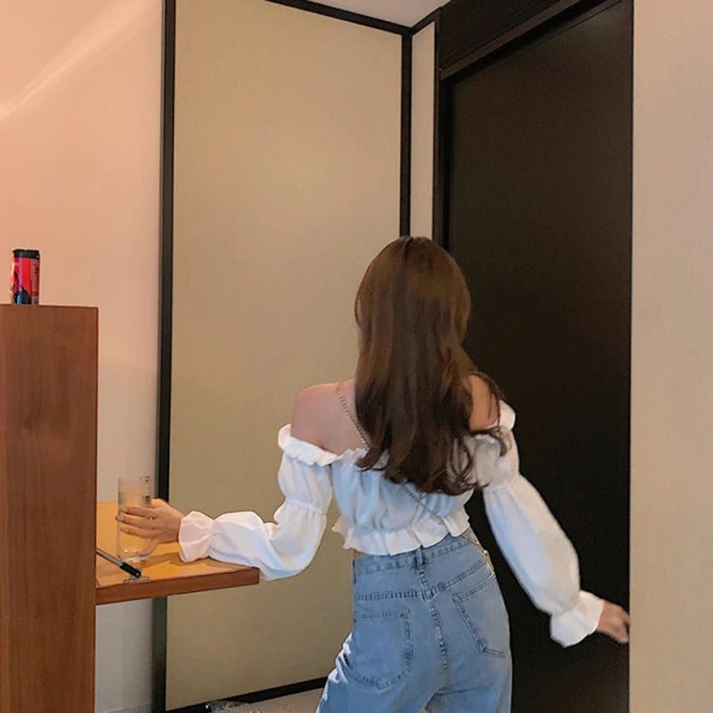 Blusa Crop Top Hombro Descubierto Manga Puff Volantes