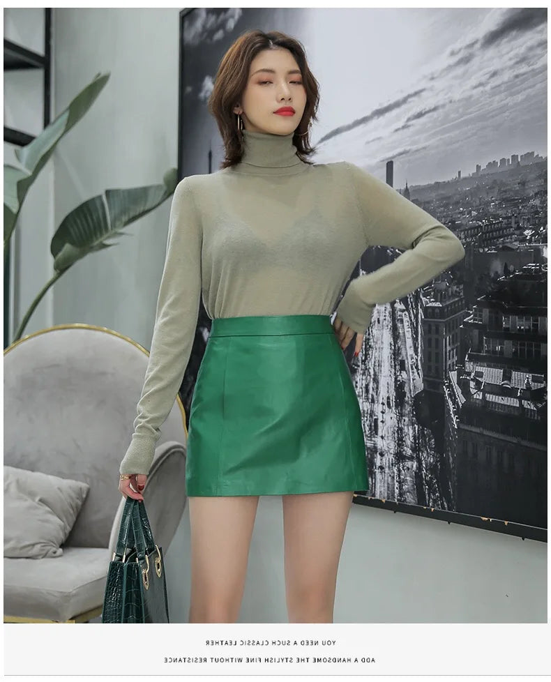 Sheepskin Leather Mini Skirt - High Waist Y2k