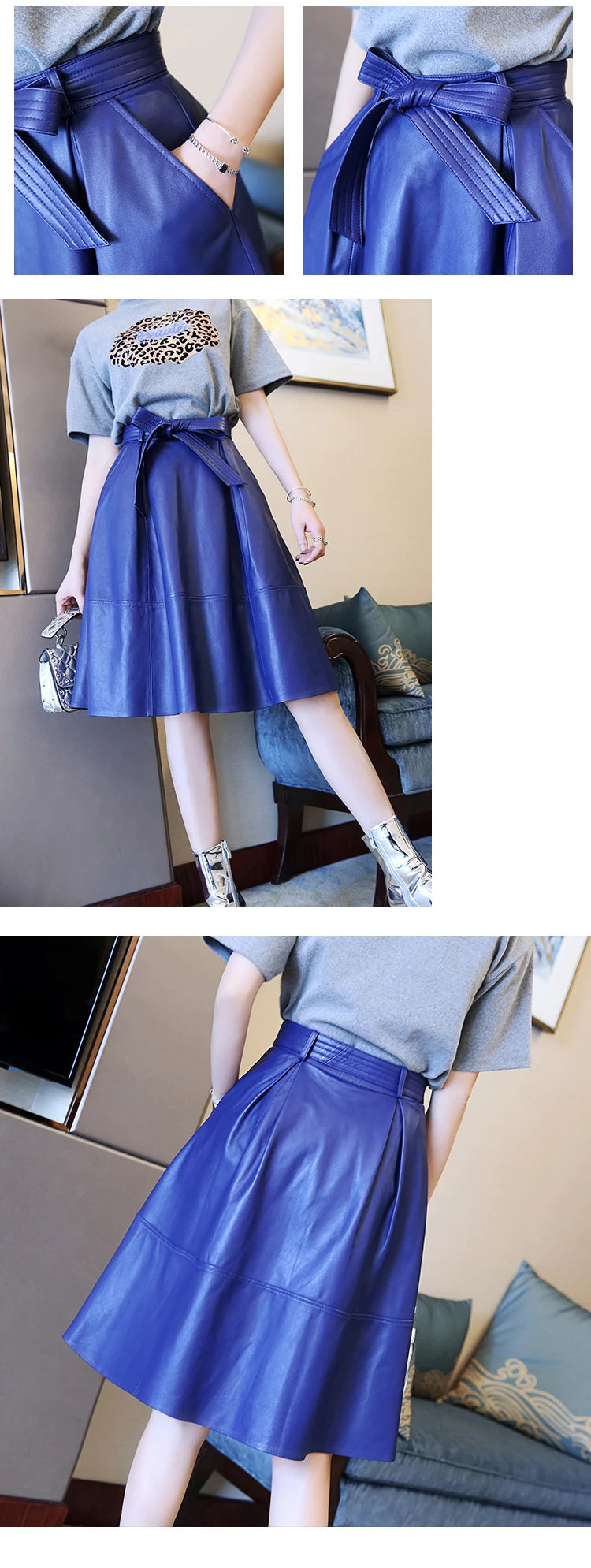 2025 Winter Female Genuie Leather Midi Skirt Lady Street Saia Bow Belt Retro Vase Big Red/Blue Faldas Girls Pleated Jupe Faldas