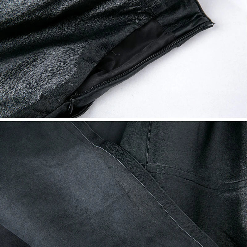 2025 Winter Female Genuie Leather Midi Skirt Lady Street Saia Bow Belt Retro Vase Big Red/Blue Faldas Girls Pleated Jupe Faldas