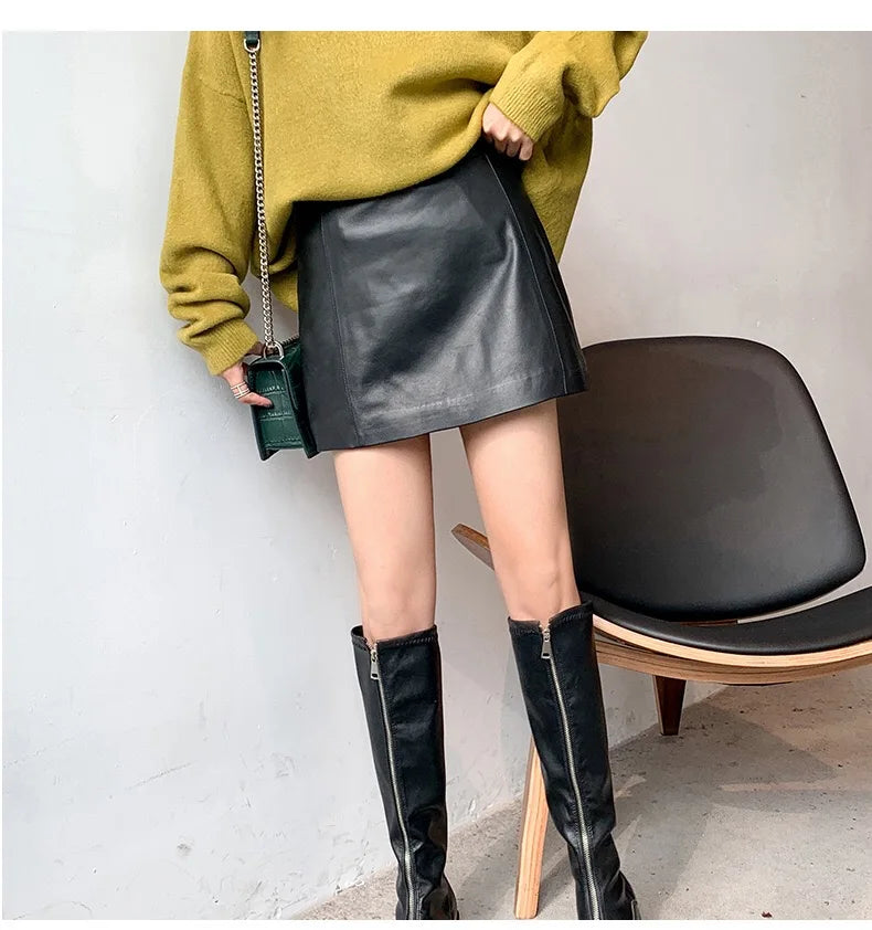 Sheepskin Leather Mini Skirt - High Waist Y2k