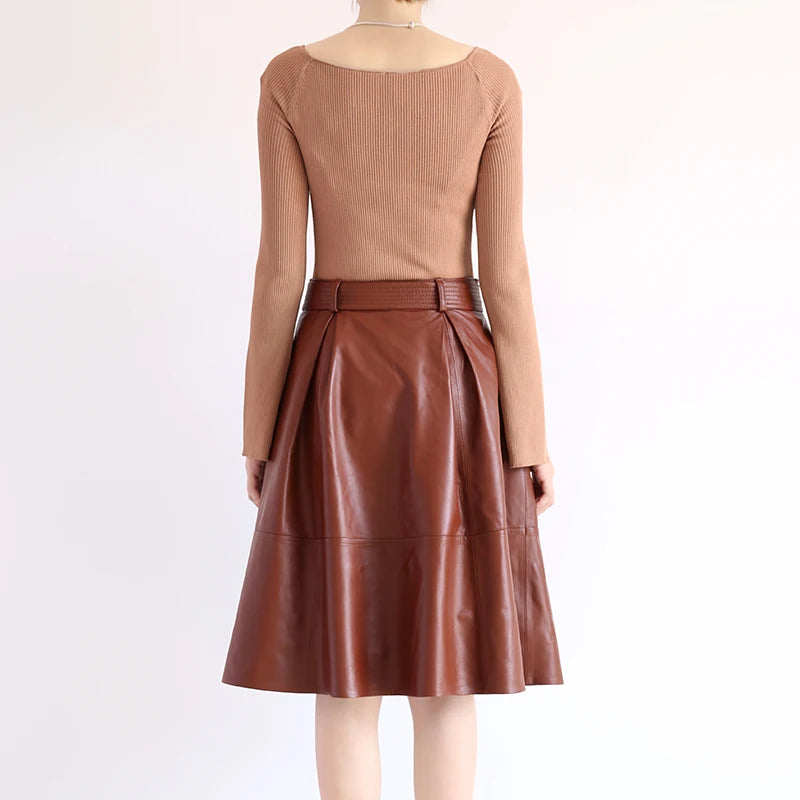 2025 Winter Female Genuie Leather Midi Skirt Lady Street Saia Bow Belt Retro Vase Big Red/Blue Faldas Girls Pleated Jupe Faldas