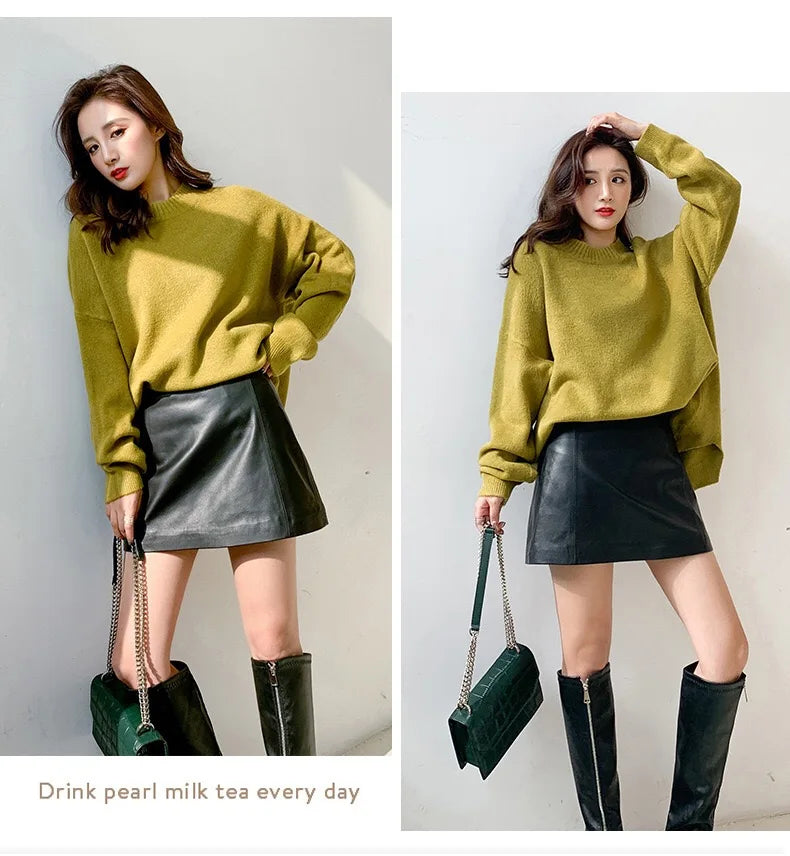 Sheepskin Leather Mini Skirt - High Waist Y2k