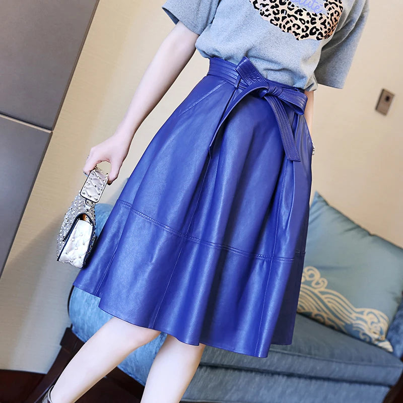 2025 Winter Female Genuie Leather Midi Skirt Lady Street Saia Bow Belt Retro Vase Big Red/Blue Faldas Girls Pleated Jupe Faldas