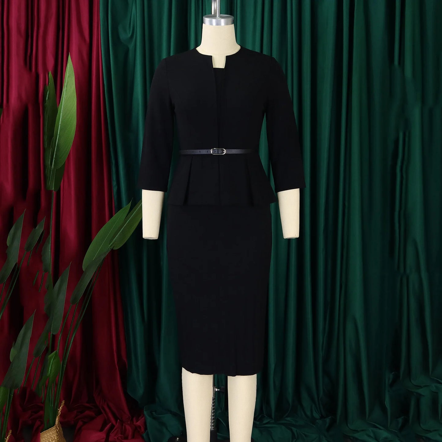 Office Dress - V Neck Belt Midi Professional 2024