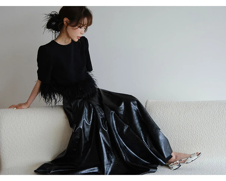 PU Leather Maxi Skirt - High Waist Pleated Black