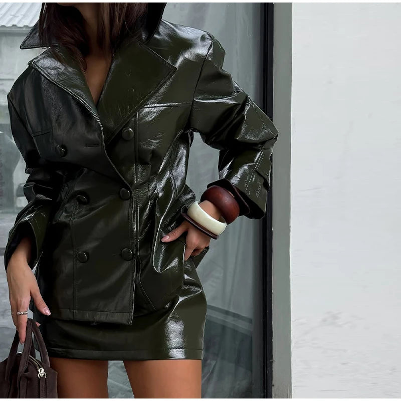 Two Piece Set - Leather Jacket & Mini Skirt