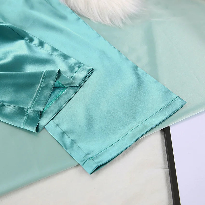 Pijama Dos Piezas Satinado con Cinturón Mujer Estilo Elegante