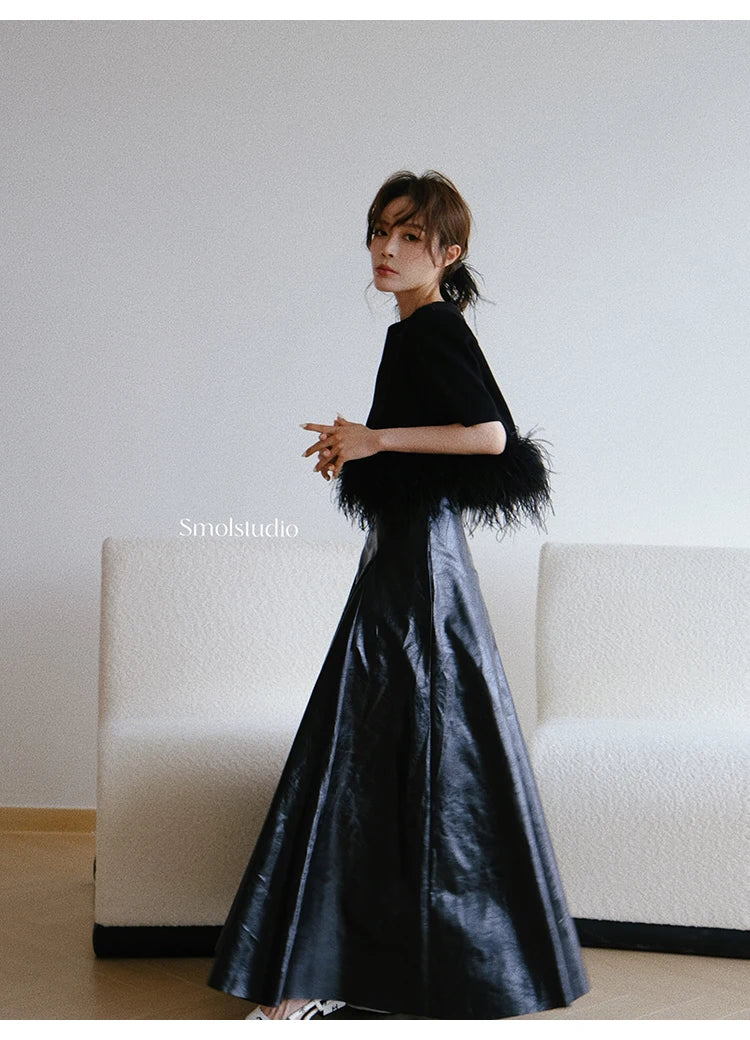 PU Leather Maxi Skirt - High Waist Pleated Black